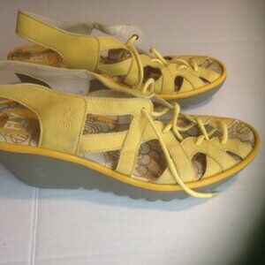 Fly London Sandals Women's 41 Wedge Leather Slingback Yellow